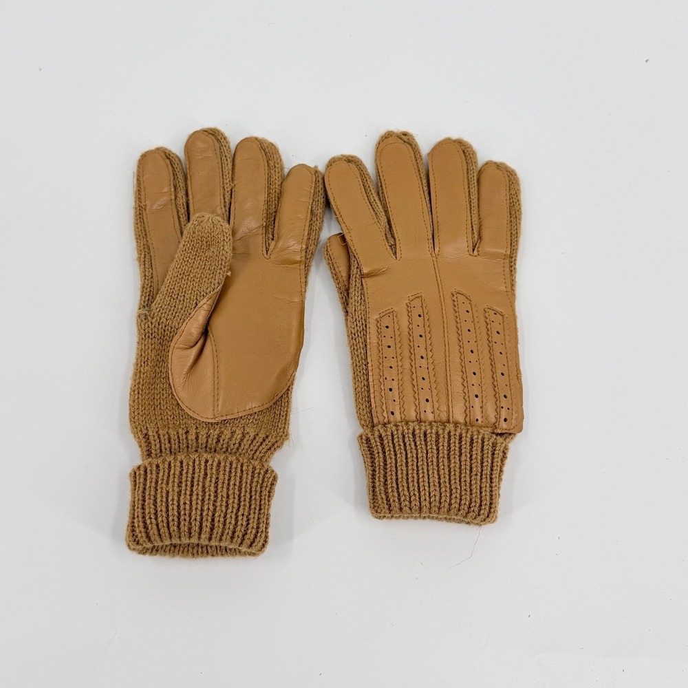 English Village Driving Gloves Knit Leather Trim 90s Vintage Womens OS Tan Brown